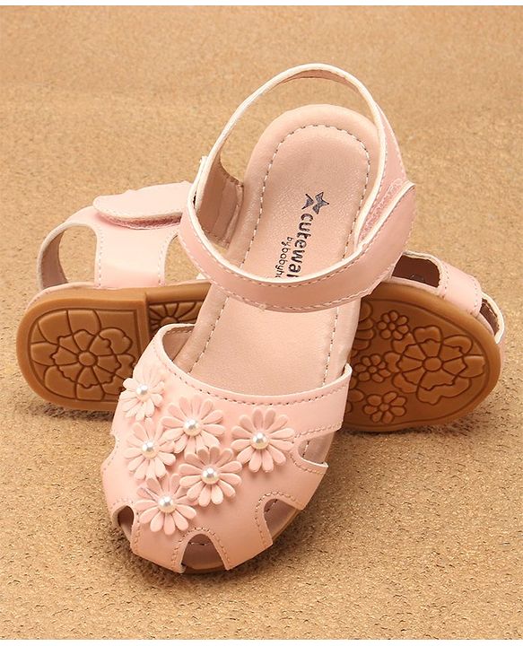 Cute Walk by Babyhug Velcro Closure Peep Toes with Floral Applique - Pink