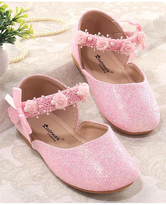 Cute Walk by Babyhug Velcro Closure Bellies with Lace Floral & Pearl Detailing - Pink