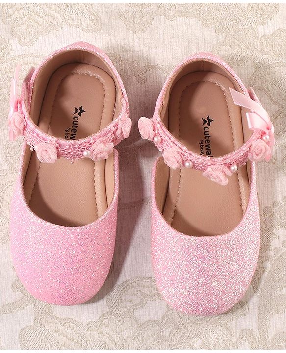 Cute Walk by Babyhug Velcro Closure Bellies with Lace Floral & Pearl Detailing - Pink