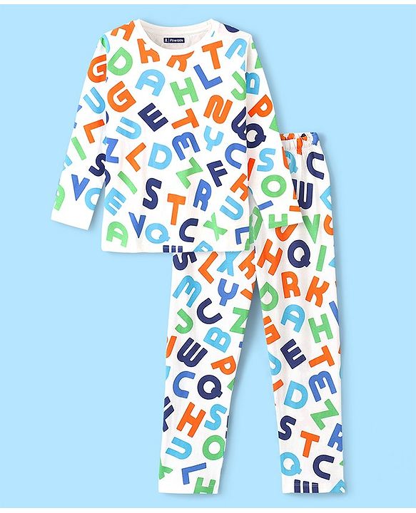Pine Kids Cotton Knit Full Sleeves Alphabet Printed Night Suit - Multicolour