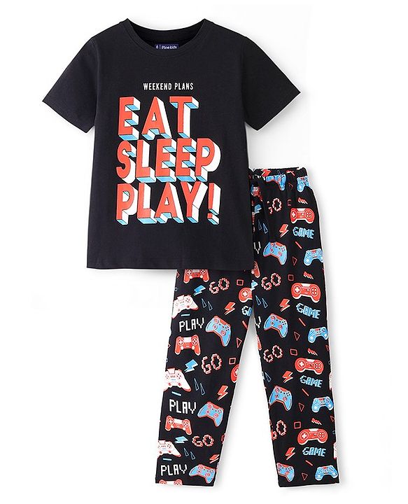 Pine Kids Half Sleeves Chest Printed Night Suit with All Over Printed Bottom - Black