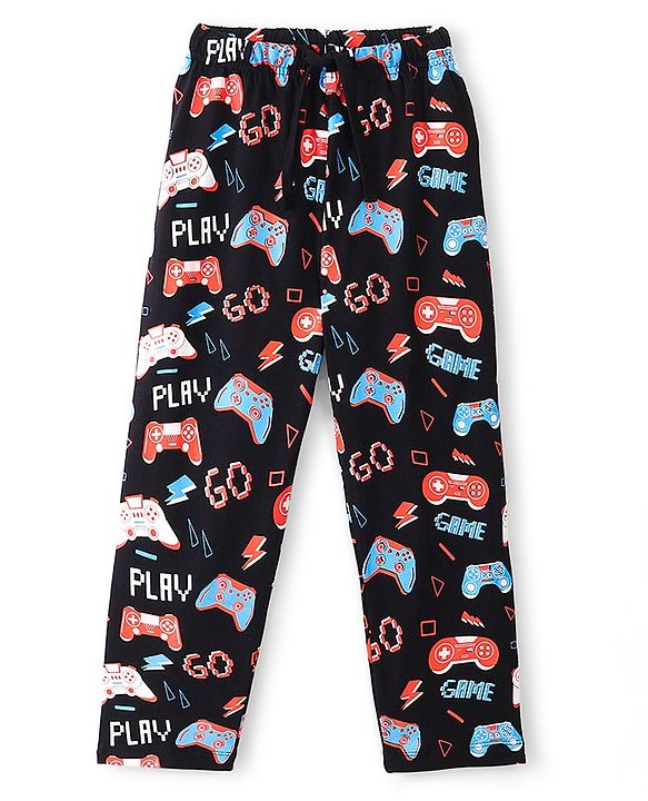Pine Kids Half Sleeves Chest Printed Night Suit with All Over Printed Bottom - Black