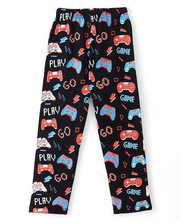 Pine Kids Half Sleeves Chest Printed Night Suit with All Over Printed Bottom - Black