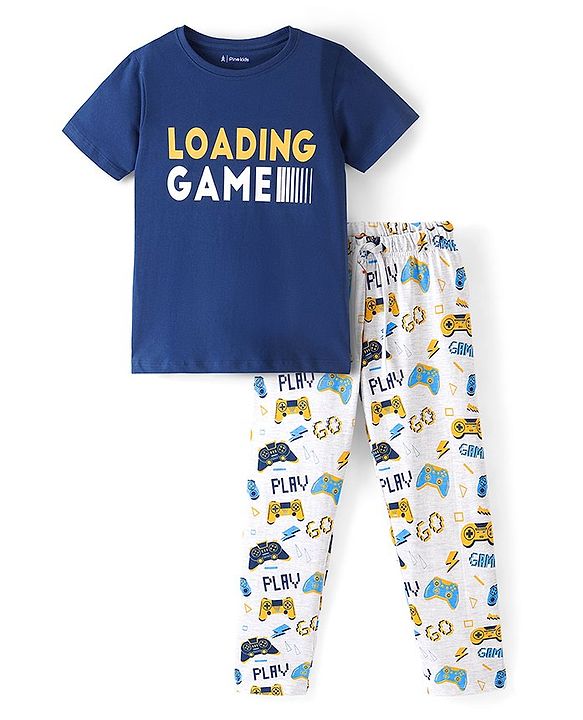 Pine Kids 100% Cotton Bio Washed Single Jersey Half Sleeves Night Suit with Loading Game Printed -Limoges & Snow White