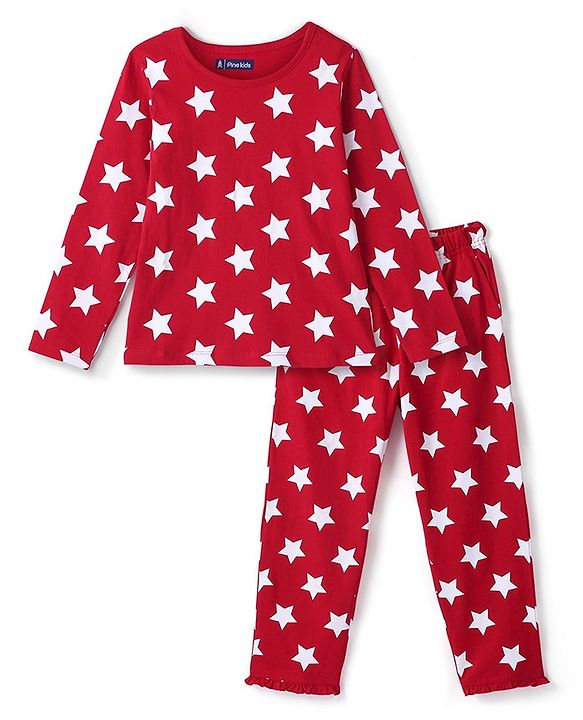 Pine Kids Cotton Full Sleeves Night Suit All Over Star Printed - Bittersweet Red