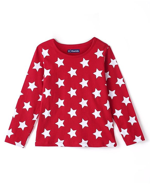 Pine Kids Cotton Full Sleeves Night Suit All Over Star Printed - Bittersweet Red