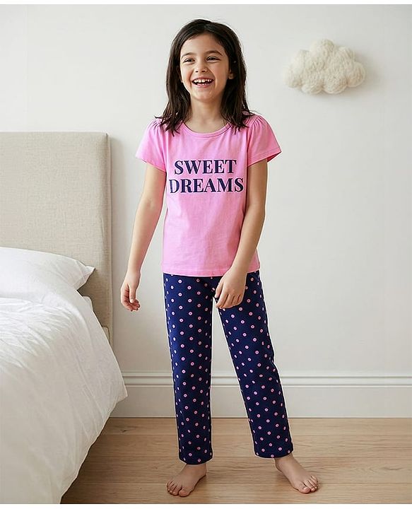Pine Kids Half Sleeve Text Print & Polka Dot Night Suit - Pink & Navy Blue