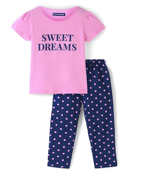 Pine Kids Half Sleeve Text Print & Polka Dot Night Suit - Pink & Navy Blue