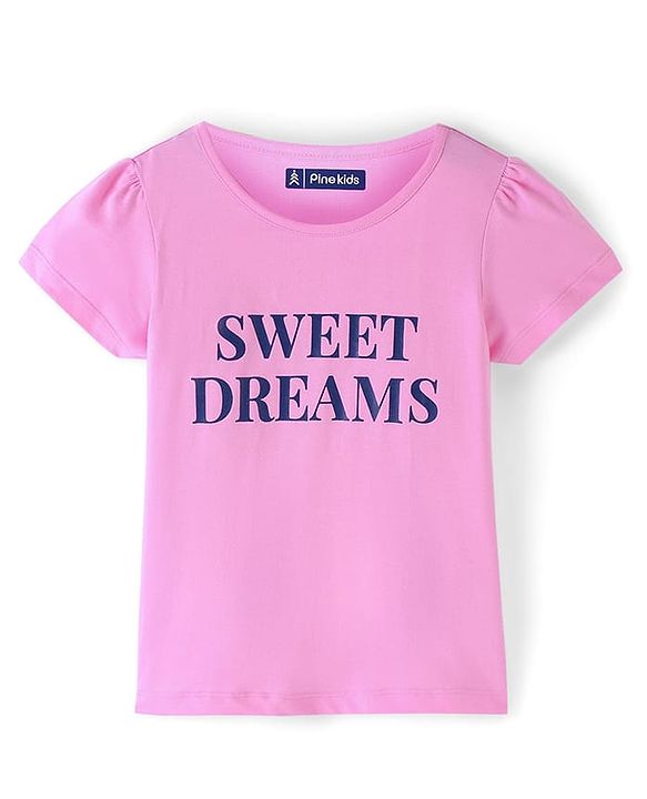 Pine Kids Half Sleeve Text Print & Polka Dot Night Suit - Pink & Navy Blue