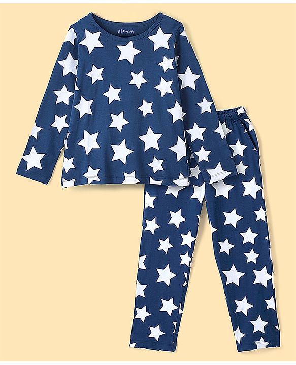Pine Kids Cotton Full Sleeves Night Suit With Polka Print All Over Star Printed - Blue