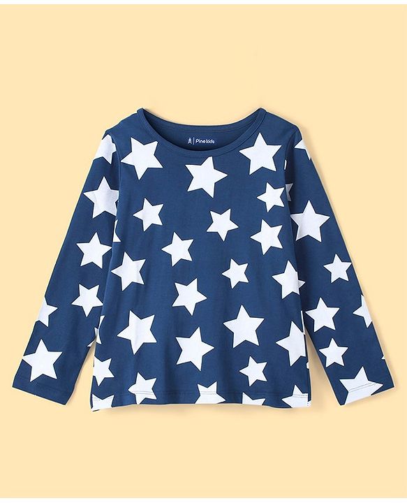 Pine Kids Cotton Full Sleeves Night Suit With Polka Print All Over Star Printed - Blue