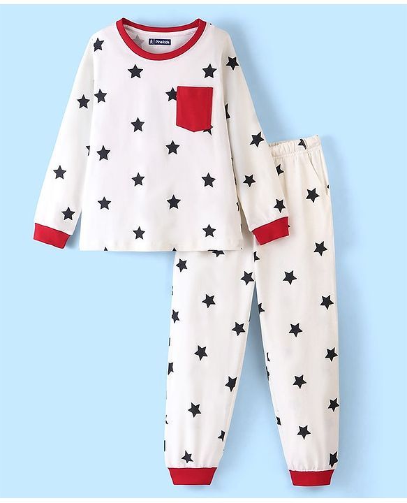 Pine Kids Cotton Full Sleeves Night Suit Star Print - Red & Black