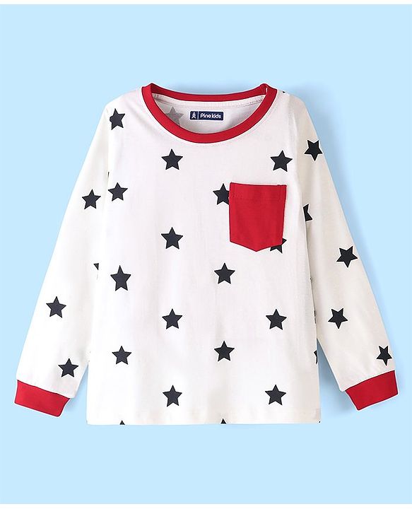 Pine Kids Cotton Full Sleeves Night Suit Star Print - Red & Black