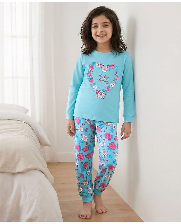 Pine Kids 100% Cotton Knit Full Sleeves Floral Printed Night Suit - Tanager Turquoise