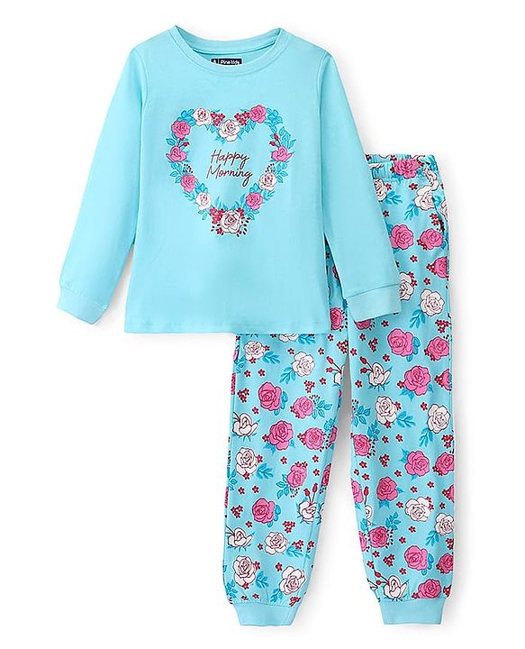 Pine Kids 100% Cotton Knit Full Sleeves Floral Printed Night Suit - Tanager Turquoise