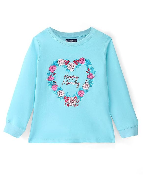 Pine Kids 100% Cotton Knit Full Sleeves Floral Printed Night Suit - Tanager Turquoise