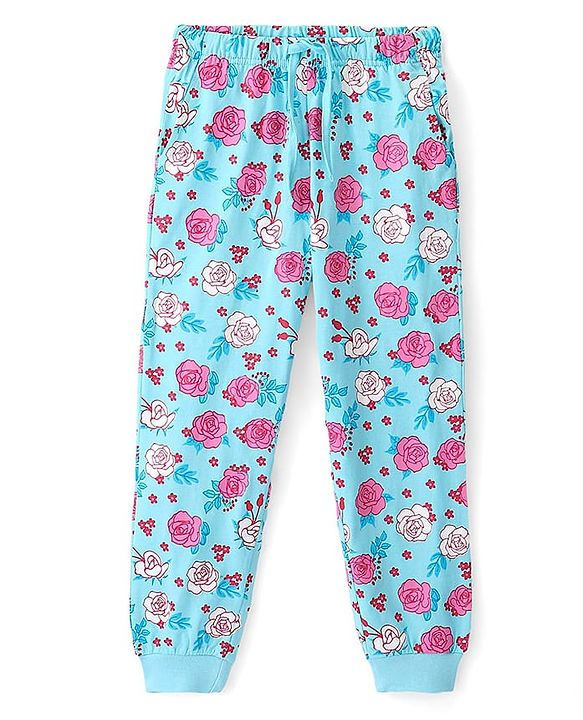 Pine Kids 100% Cotton Knit Full Sleeves Floral Printed Night Suit - Tanager Turquoise