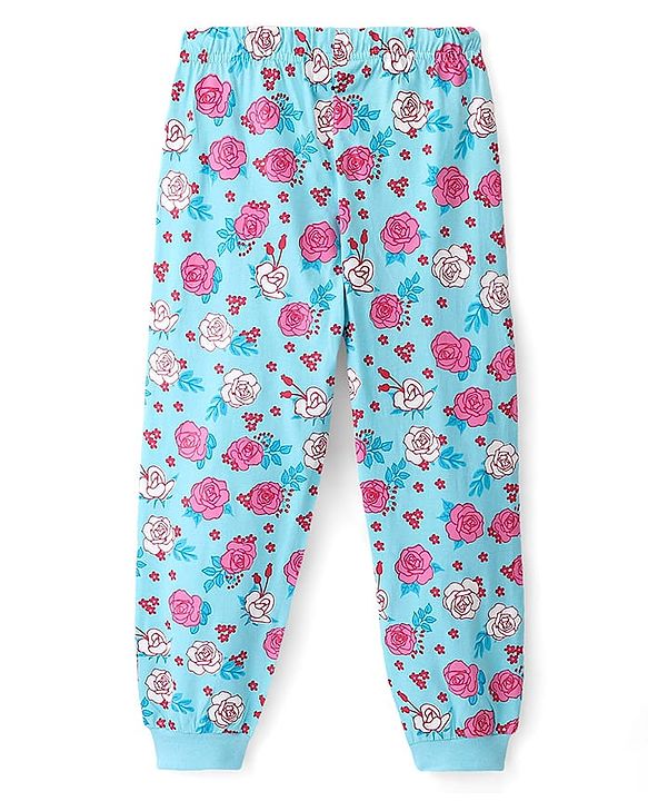 Pine Kids 100% Cotton Knit Full Sleeves Floral Printed Night Suit - Tanager Turquoise