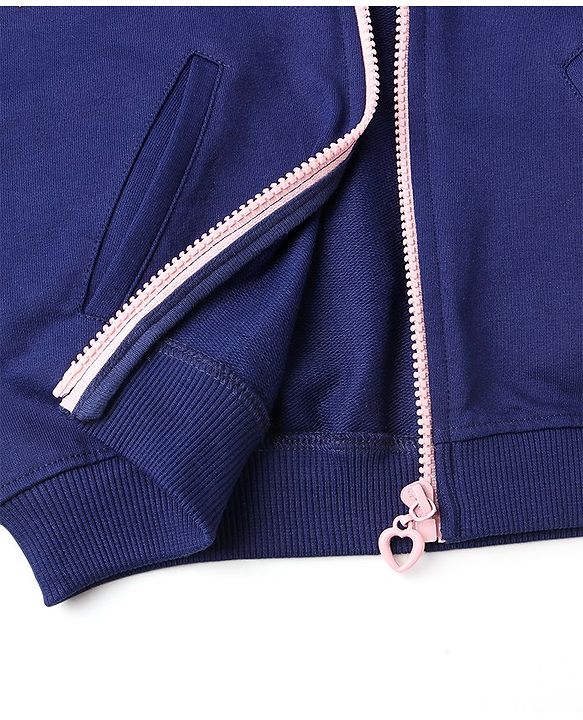 Pine Kids 100% Cotton Knit Full Sleeves Hooded Sweat Jacket with Heart Print - Blue