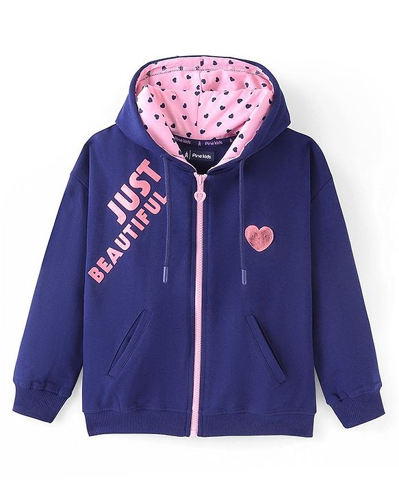 Pine Kids 100% Cotton Knit Full Sleeves Hooded Sweat Jacket with Heart Print - Blue