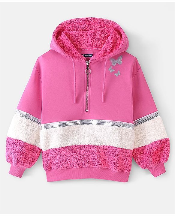 Pine Kids Full Sleeve Hooded Front Open Biowashed Sweatshirt with Glitter Butterflies - Fuchsia