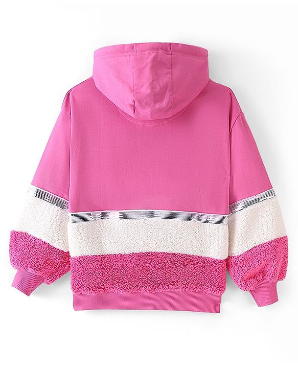 Pine Kids Full Sleeve Hooded Front Open Biowashed Sweatshirt with Glitter Butterflies - Fuchsia