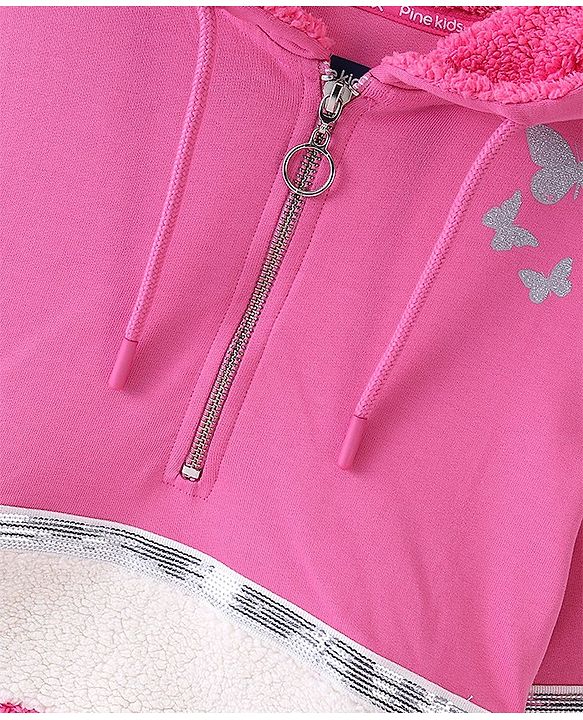 Pine Kids Full Sleeve Hooded Front Open Biowashed Sweatshirt with Glitter Butterflies - Fuchsia