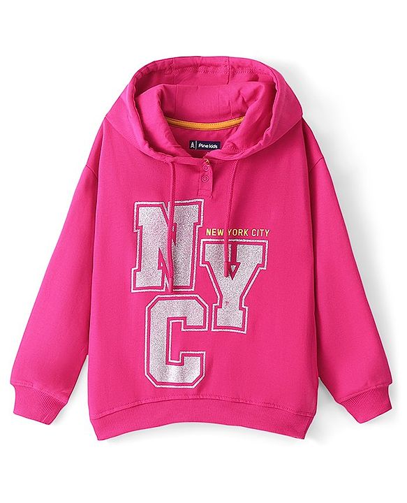 Pinekids Cotton Knit Biowashed Full Sleeves Hooded Sweatshirt With Text Print - Pink