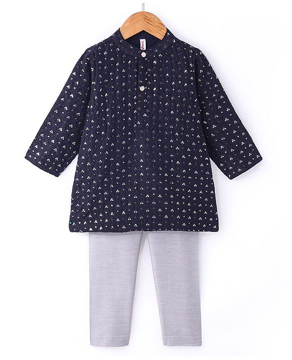 Babyhug Full Sleeves Sequenced Kurta & Pajama Set - Navy Blue