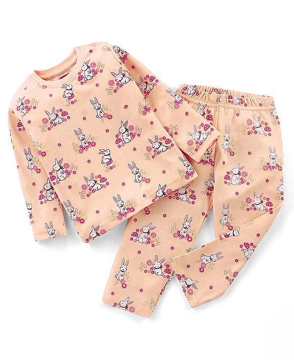 Babyhug Cotton Knit Full Sleeves Night Suit With Bunny Print - Pink