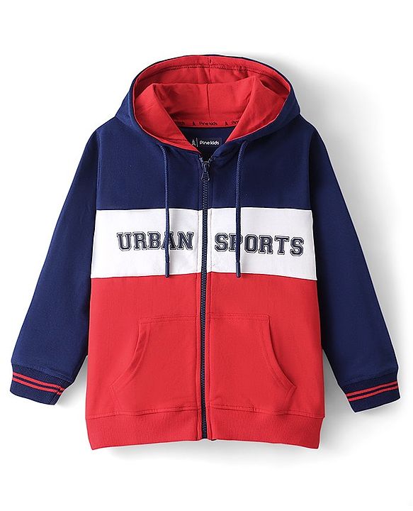 Pinekids Cotton Knit Biowashed Full Sleeves Hooded Sweatshirt With Text Print - Navy Blue & Red