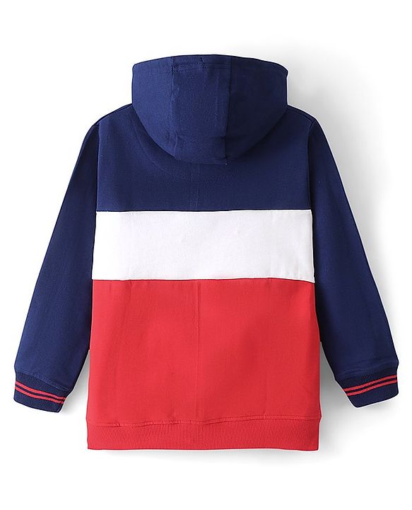 Pinekids Cotton Knit Biowashed Full Sleeves Hooded Sweatshirt With Text Print - Navy Blue & Red