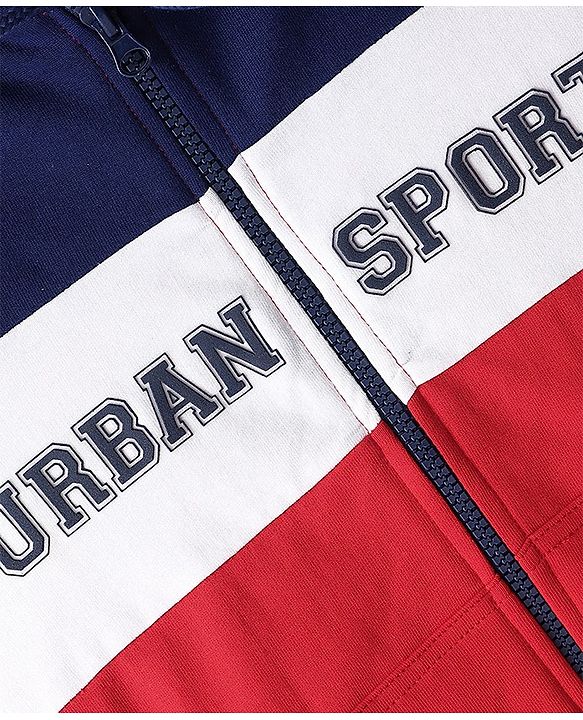 Pinekids Cotton Knit Biowashed Full Sleeves Hooded Sweatshirt With Text Print - Navy Blue & Red