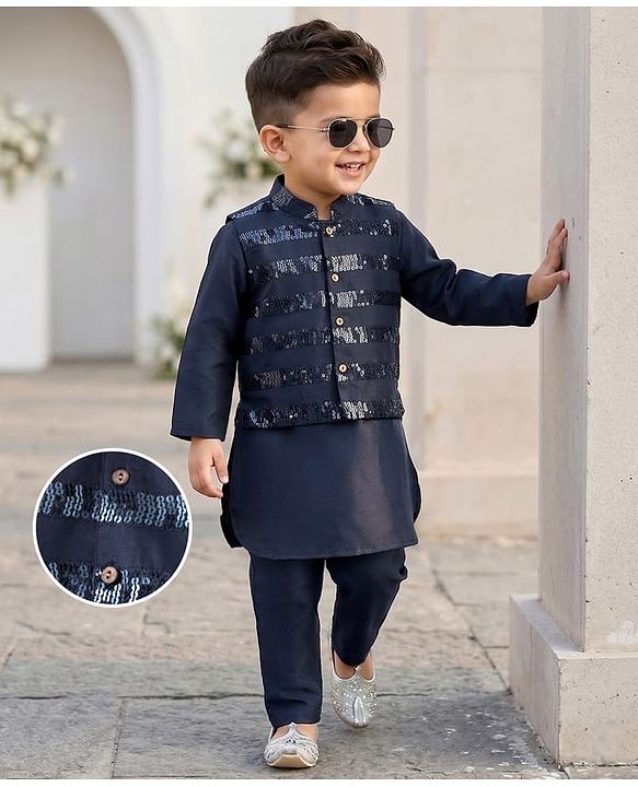 Babyhug Full Sleeves Kurta Payjama Set & Waistcoat With Sequine Detailing - Blue