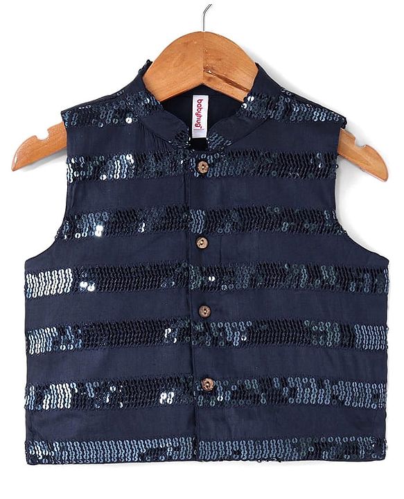 Babyhug Full Sleeves Kurta Payjama Set & Waistcoat With Sequine Detailing - Blue