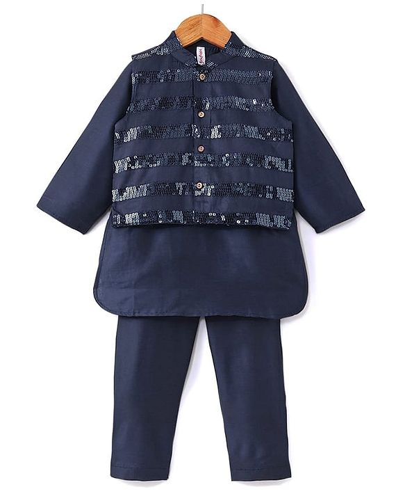 Babyhug Full Sleeves Kurta Payjama Set & Waistcoat With Sequine Detailing - Blue