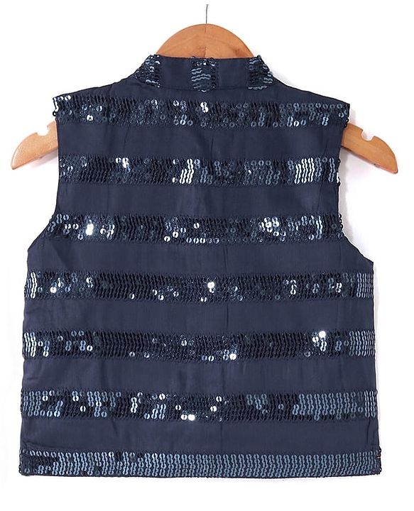 Babyhug Full Sleeves Kurta Payjama Set & Waistcoat With Sequine Detailing - Blue