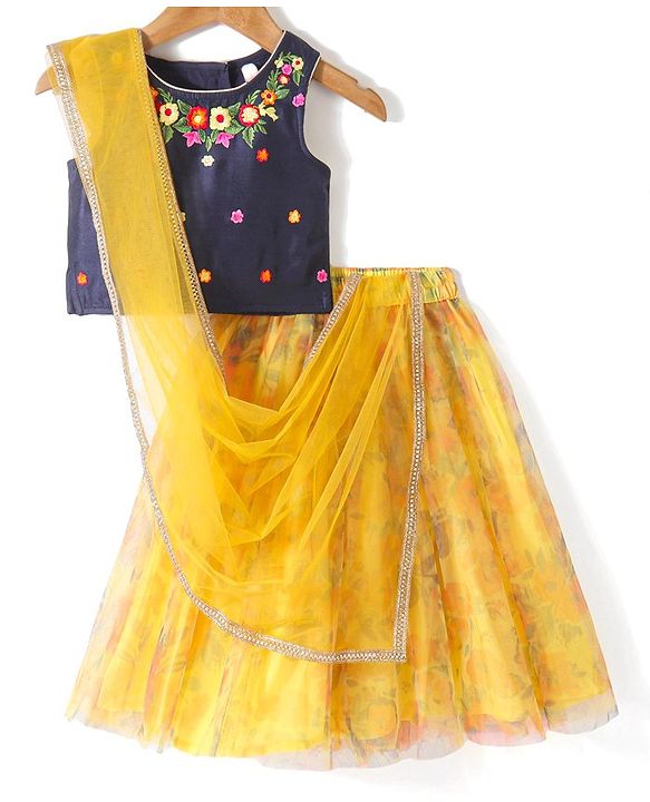 Babyhug Sleeveless Embroidered Choli with Printed Lehenga and Dupatta Set - Yellow