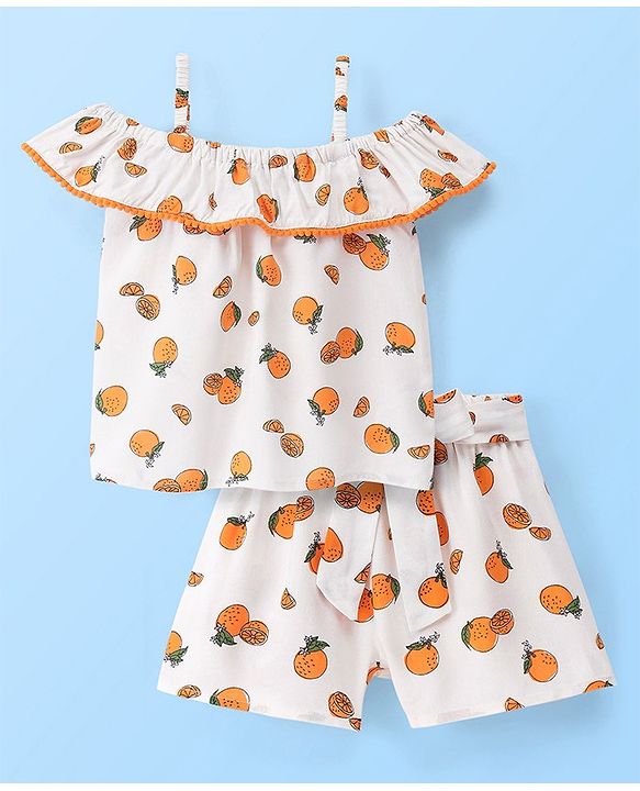 Babyhug Rayon Woven Singlet Top & Short Set Orange Print - White
