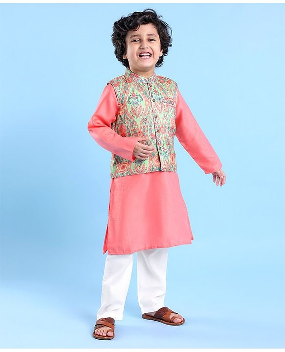 Babyhug Cotton Woven Full Sleeves Kurta & Pajama Set with Floral Printed Jacket - Peach
