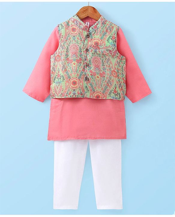 Babyhug Cotton Woven Full Sleeves Kurta & Pajama Set with Floral Printed Jacket - Peach
