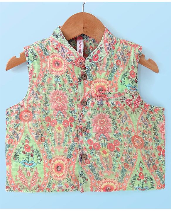 Babyhug Cotton Woven Full Sleeves Kurta & Pajama Set with Floral Printed Jacket - Peach