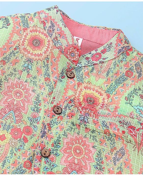 Babyhug Cotton Woven Full Sleeves Kurta & Pajama Set with Floral Printed Jacket - Peach