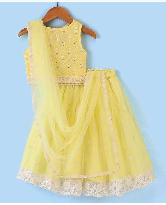Babyhug Sleeveless Embroidered Net Choli Lehenga and Dupatta - Yellow