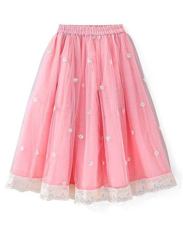 Babyhug Short Flutter Sleeves Embroidered Net Choli Lehenga And Dupatta Set - Pink