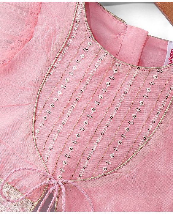 Babyhug Short Flutter Sleeves Embroidered Net Choli Lehenga And Dupatta Set - Pink