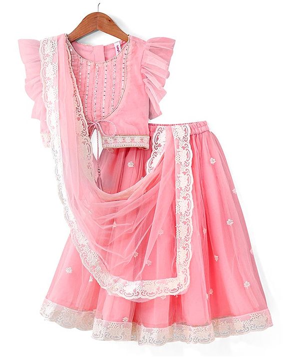 Babyhug Short Flutter Sleeves Embroidered Net Choli Lehenga And Dupatta Set - Pink