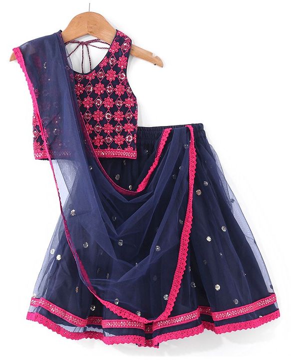 Babyhug Sleeveless Floral Embroidered Choli Lehenga with Dupatta- Navy Blue