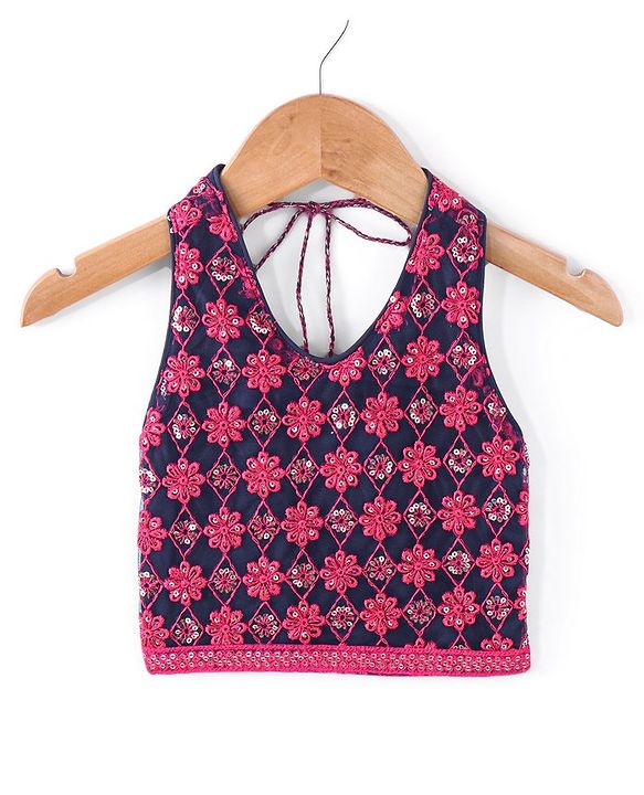 Babyhug Sleeveless Floral Embroidered Choli Lehenga with Dupatta- Navy Blue