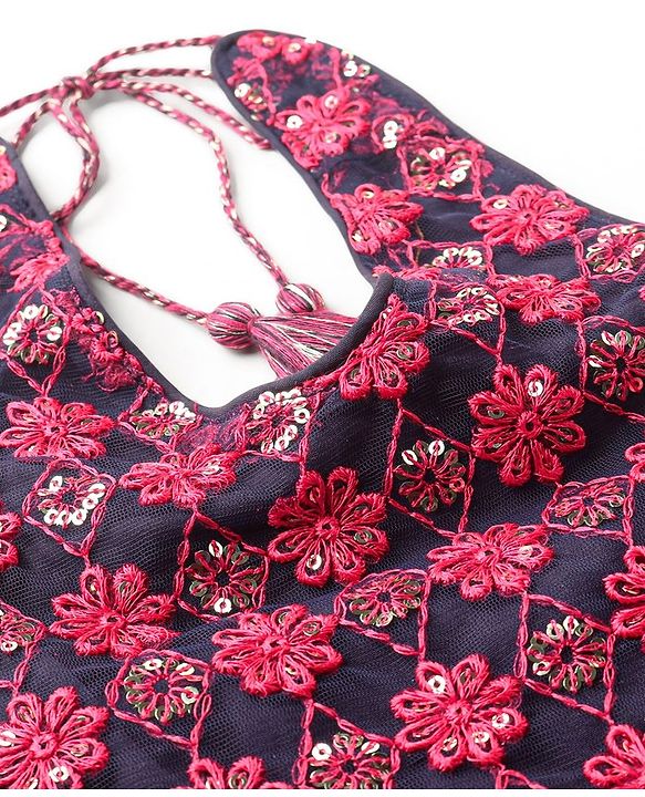 Babyhug Sleeveless Floral Embroidered Choli Lehenga with Dupatta- Navy Blue